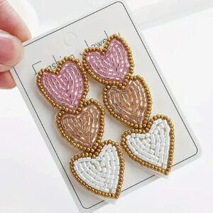 Beaded triple heart tiered earrings - three choices for colour style